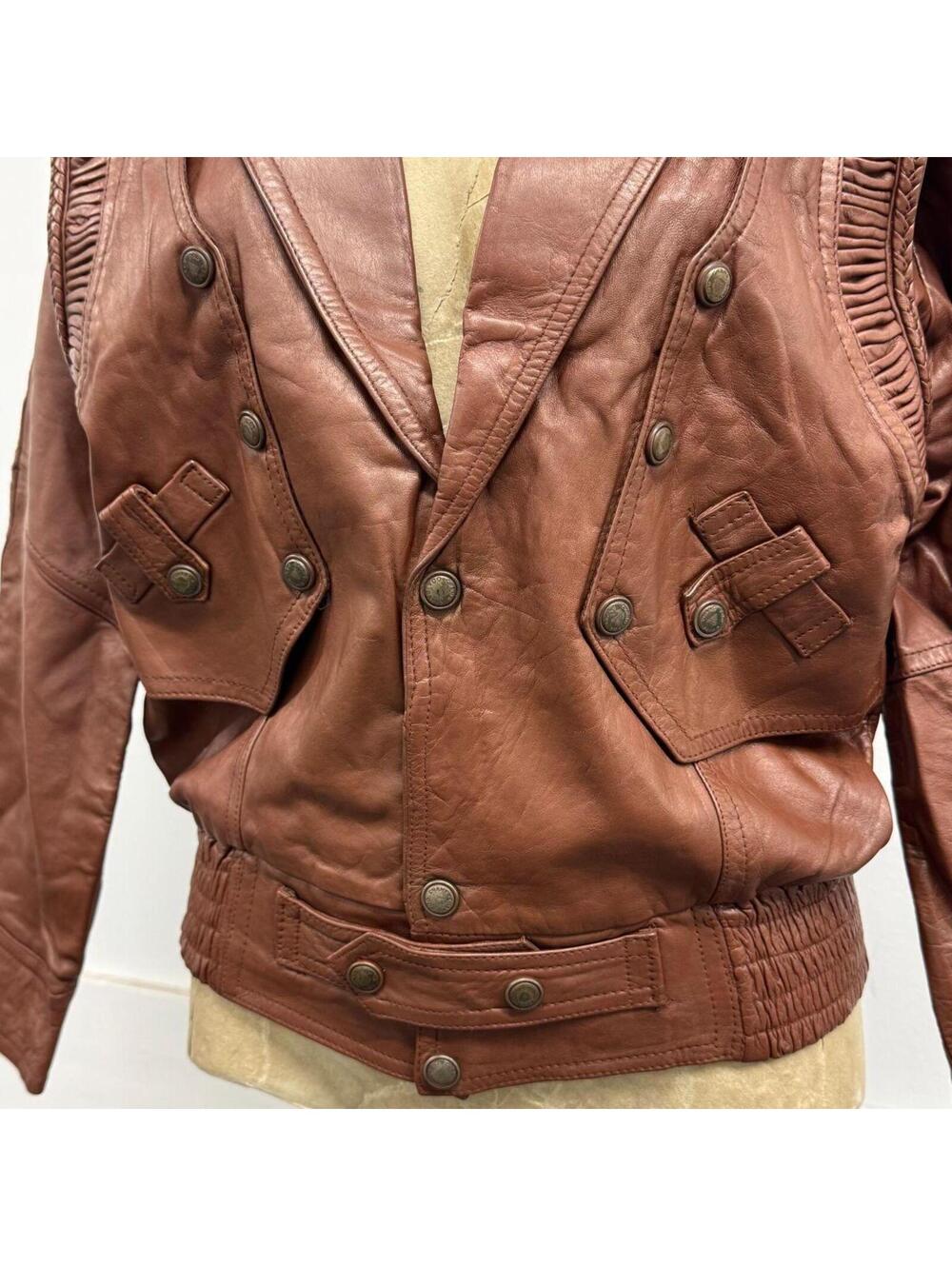 Vintage 80s Tan Western Bomber Cropped Leather Jacket - Picture 3 of 8